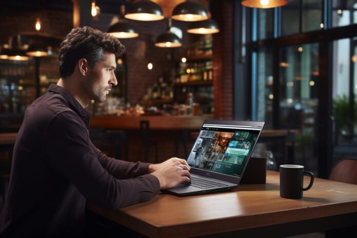 A developer using a laptop with Gemini 2.5 interface, brainstorming code ideas in a creative tech space.