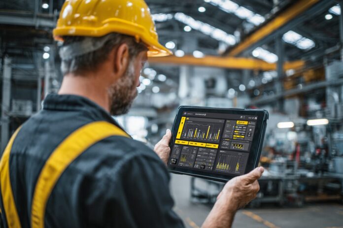 Technician using AI-powered predictive maintenance dashboard on tablet in modern factory
