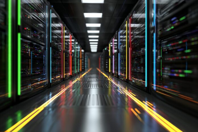 A modern data center with glowing fiber optic cables and servers, symbolizing robust network infrastructure.