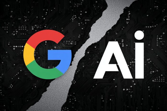 An illustration of Google and Scale AI logos with a symbolic split or divide between them.
