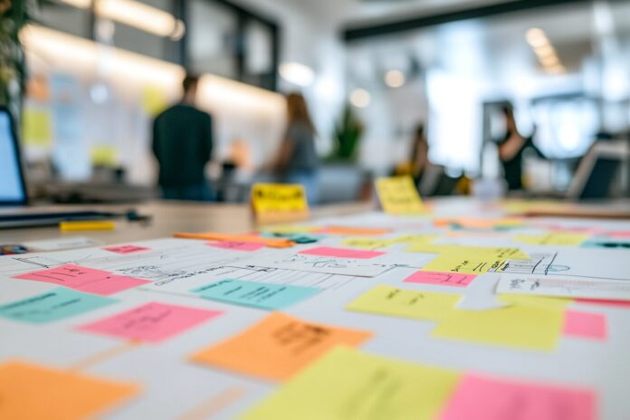 Public sector AI brainstorming session with sticky notes, data flow diagrams, and digital devices, emphasizing agile and incremental deployment.