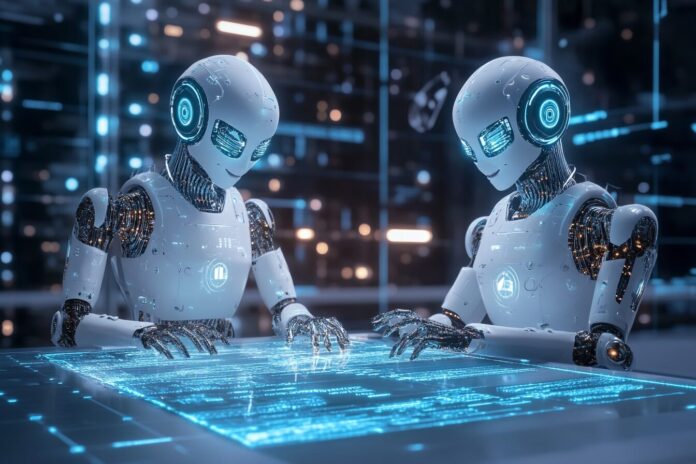Two AI avatars negotiating over a digital contract on a virtual table.