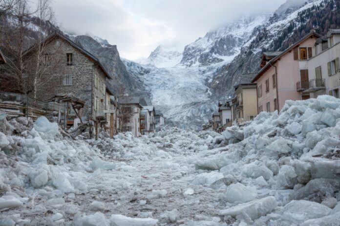 Aftermath of glacier collapse showing ice and debris in a Swiss village