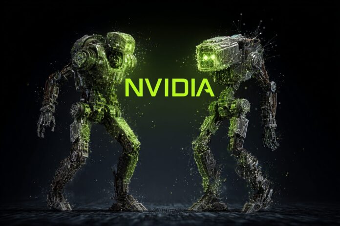 NVIDIA logo with representations of connected digital robots, symbolizing collaboration and open-so urce development.