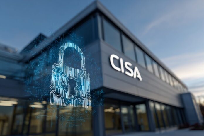 CISA headquarters building exterior with CISA signage and a digital lock symbol overlay
