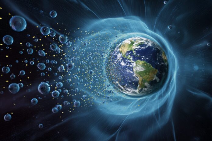 Illustration of Earth surrounded by its magnetic field with oxygen molecules depicted in the atmosphere.