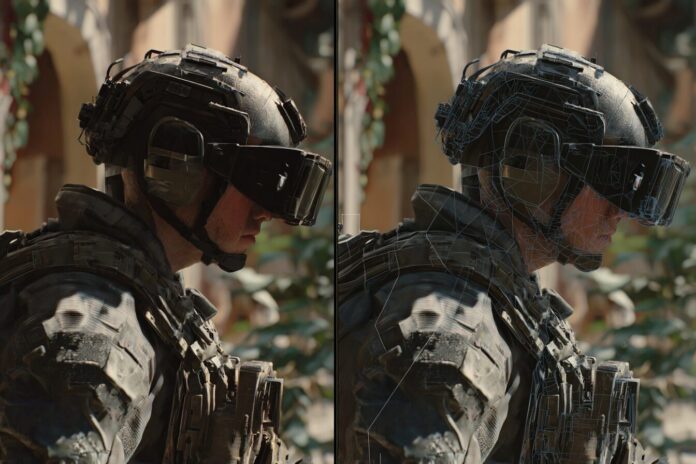 A neural network compressing game textures for lower VRAM usage, visualized by a split-screen comparison of a high-fidelity 3D model with and without compression.