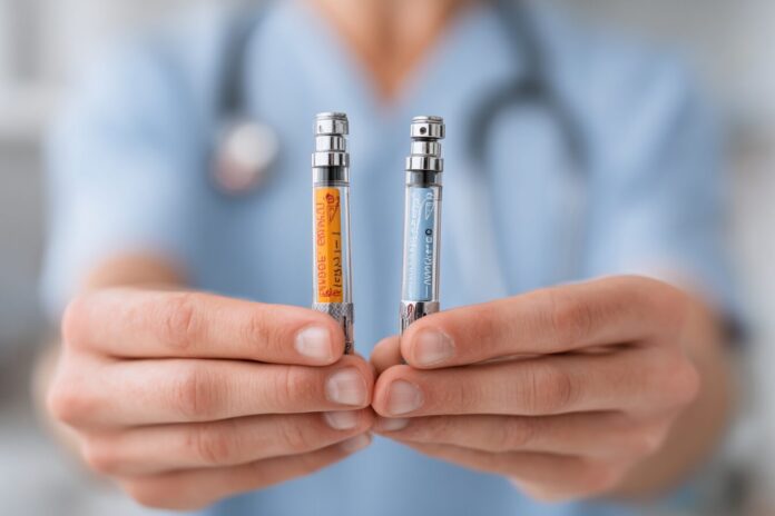 Close-up of a healthcare professional holding Mounjaro and Ozempic injection pens side by side.