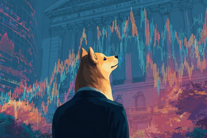 Solana, XRP, and Dogecoin ETF approvals concept visual with investor watching ticker tape.