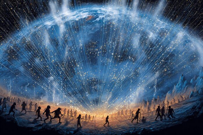 A conceptual illustration of cosmic rays striking Earth during the Laschamp Event, with Neanderthals and Homo sapiens depicted below.