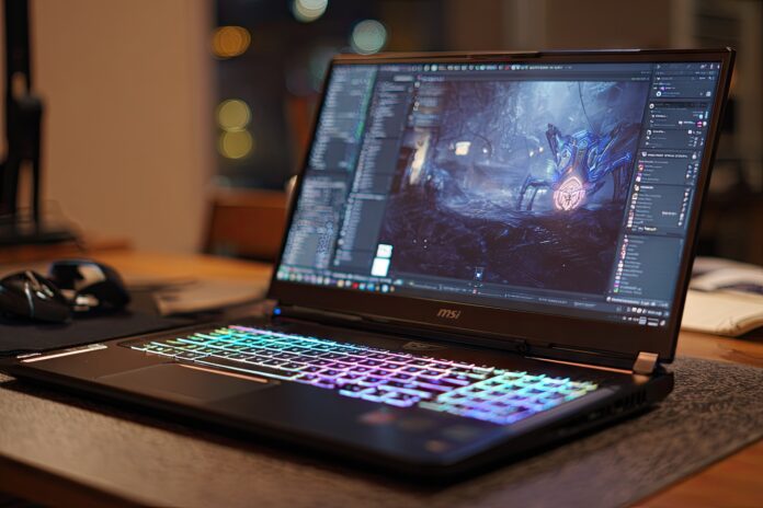 Front view of the MSI Titan 18 HX AI gaming laptop on a desk