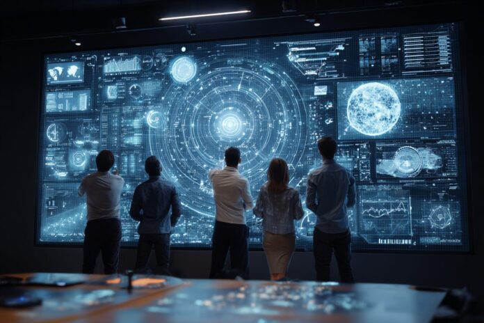 Business team collaborating with futuristic AI interface on a large digital dashboard
