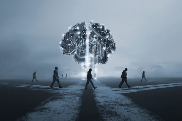 A complex AI agent making a critical decision represented by a digital brain and crossroads with human silhouettes.