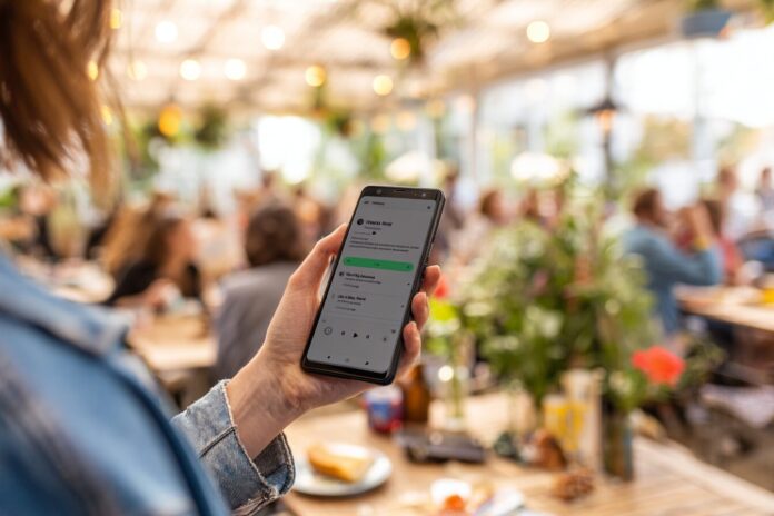 A person holding an Android phone using Gemini to identify a song in a lively café.