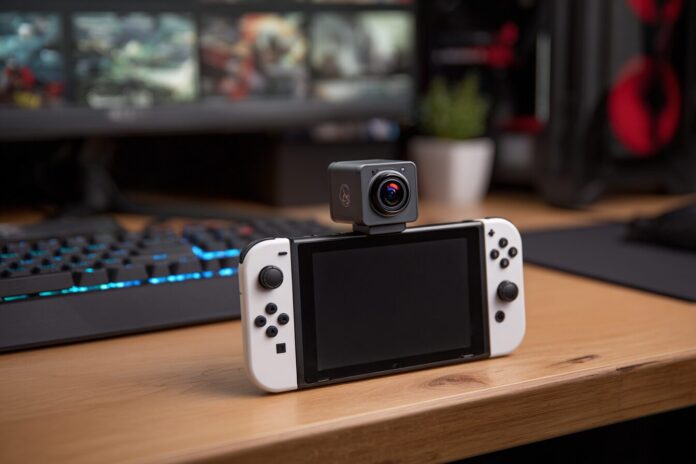 Nintendo Switch 2 with webcam accessory on a gaming desk