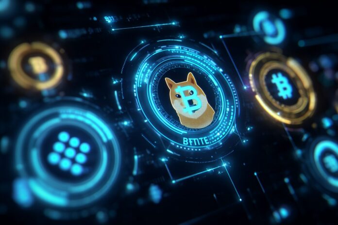 A digital illustration of Bitwise logos with DOGE and APT tokens in a futuristic ETF context.