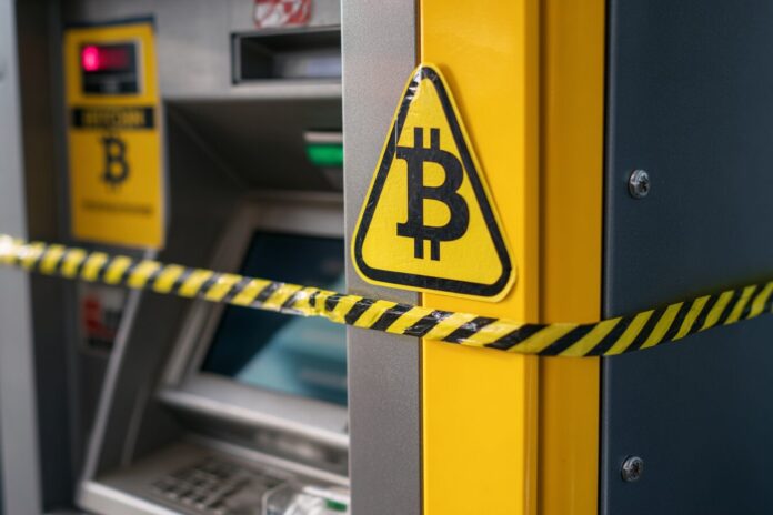 A Bitcoin ATM machine with caution tape, hinting at trouble in the crypto world.