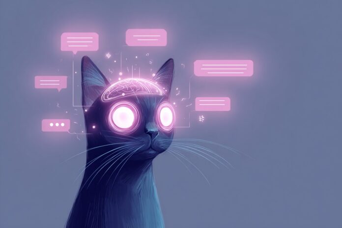 A digital illustration of a curious cat with a glowing AI brain and chat bubbles popping up around it