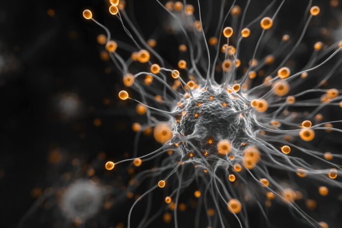 Close-up visualization of an engineered virus particle used in neuroscience.
