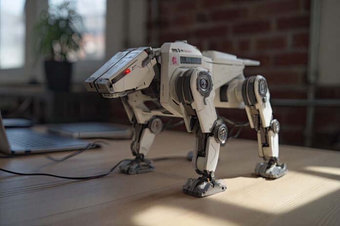 Peeing robot attack dog unboxed and standing on a table