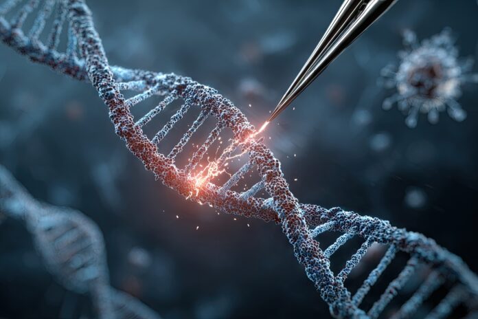 CRISPR gene-editing illustration with DNA and microscopic tools