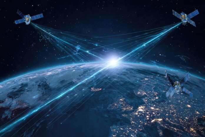 A digital illustration showing satellites orbiting Earth with connectivity beams highlighting global navigation coverage.