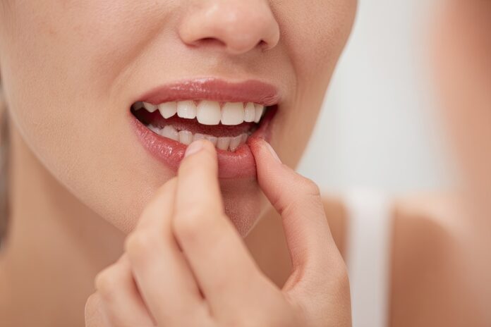 A close-up of a person examining their teeth in the mirror for signs of enamel erosion.
