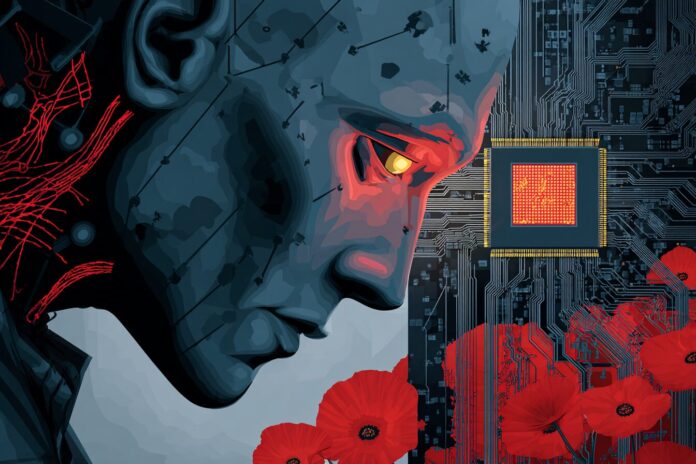 Illustration of an IBM quantum computer and military AI testing symbolism