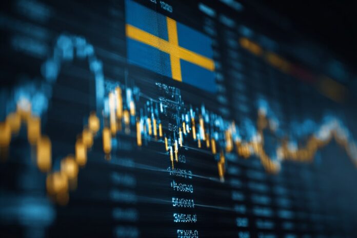 A jubilant stock market screen with Sweden and Bitcoin imagery, symbolizing H100 Group’s stock surge.
