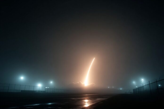 Falcon 9 rocket launches Starlink satellites during foggy evening at Vandenberg Space Force Base.