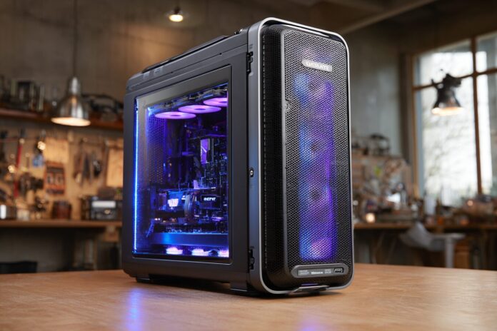 Gigabyte Threadripper workstation tower on a desktop, highlighting its robust chassis and cooling system.