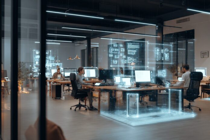 Modern workspace with invisible ambient AI agents streamlining background tasks.