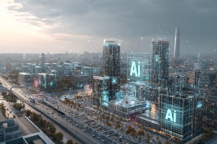 A futuristic city skyline dominated by tech campuses, with AI-themed billboards and holographic displays.