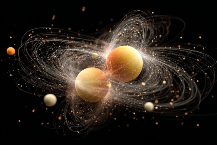 An artistic representation of atoms with an ethereal, glowing particle field suggesting unknown forces.