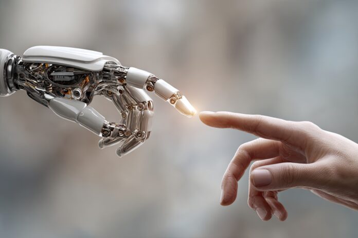 A robotic hand and human hand near each other but not touching, symbolizing distinction.