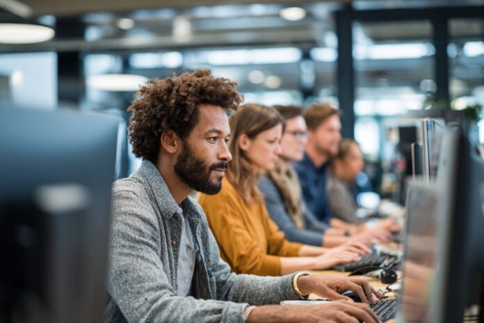 A diverse group of office workers using AI tools on computers in a modern open office.