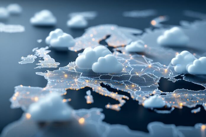 A digital map of Europe with interconnected servers and cloud icons, symbolizing tech infrastructure and data flows.