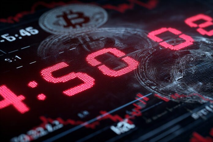 A digital clock counting down against a background of Bitcoin logos and financial charts, representing the looming options expiry.