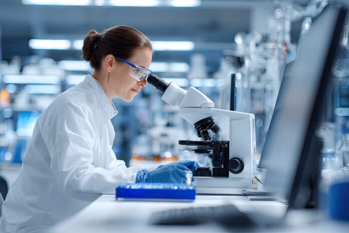 Scientists using AI-driven software to analyze lithium-ion battery samples in a high-tech research lab