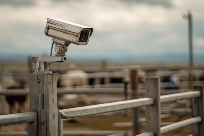A surveillance camera mounted on a post surveilling an industrial farm facility