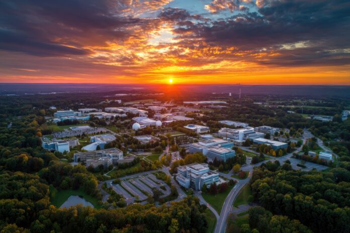Aerial view of NASA Goddard Space Flight Center campus during sunset