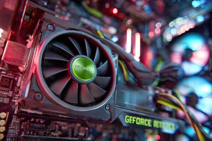 Close-up shot of GeForce RTX 50 series GPU inside a gaming PC
