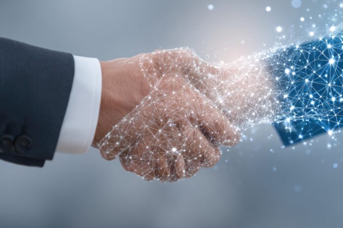 Handshake between Meta and Scale AI executives, symbolizing strategic partnership in artificial intelligence.