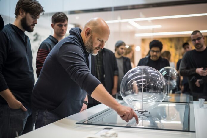 Jony Ive sketching AI gadget concepts with the OpenAI team in a modern design studio.