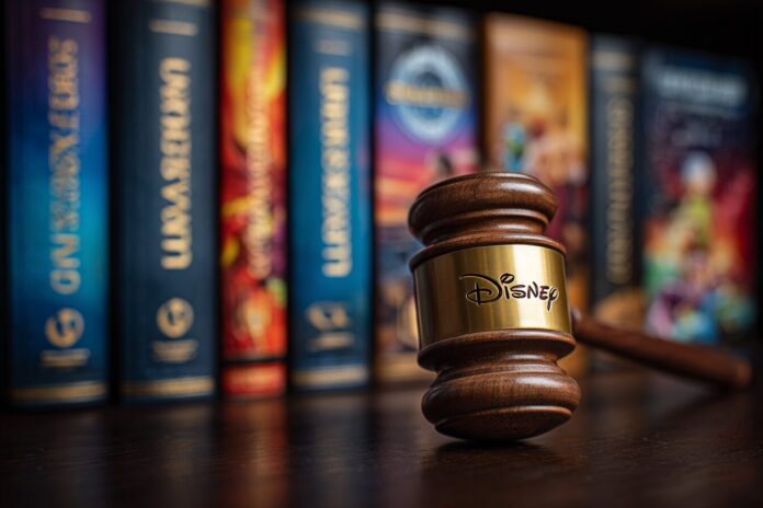 A gavel and law books with Disney, Universal, and DreamWorks logos in the background.