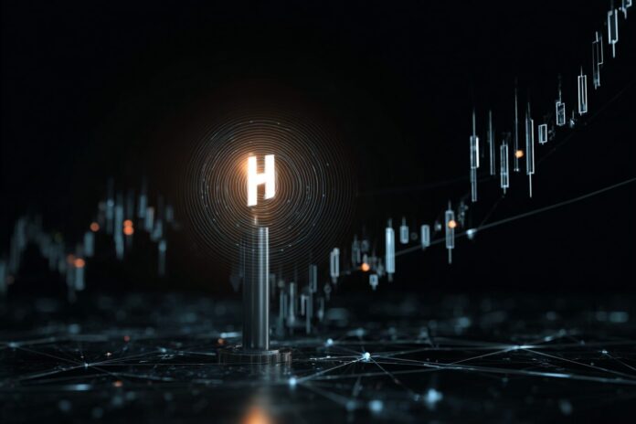 Abstract digital token with candlestick chart symbolizing Hyperliquid's altcoin rally.