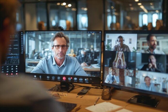 A simulated Zoom call showing a deepfake executive on screen with worried employees watching, illustrating remote work security risks.