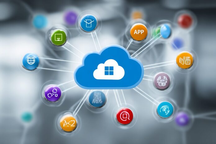 Microsoft Azure cloud logo interconnected with network API icons, representing global digital connectivity.