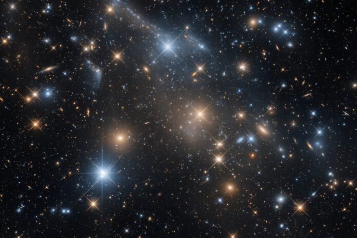 Colorful cosmic tendrils weaving through the Perseus galaxy cluster against a dark backdrop of space.
