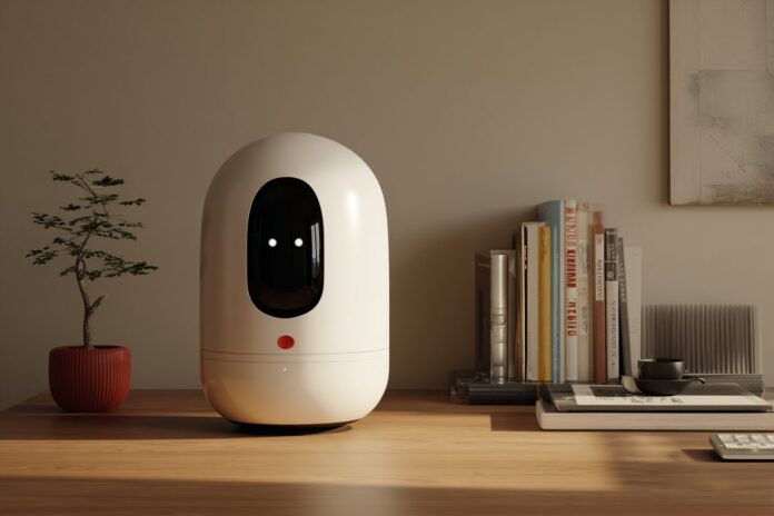 A futuristic AI device concept displayed on a desk, with a minimalist design inspired by Jony Ive.